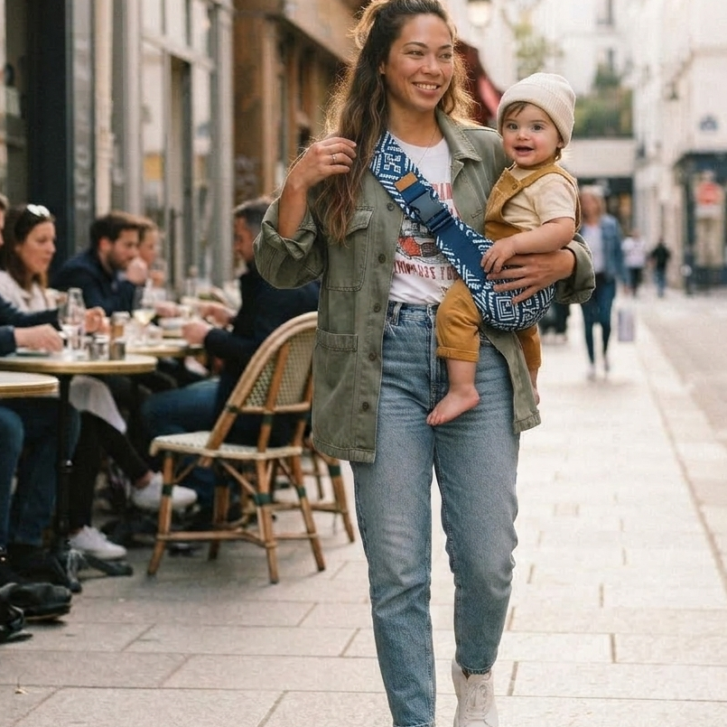 Porte-Bébé hanche – Motif Géométrique bleu et blanc