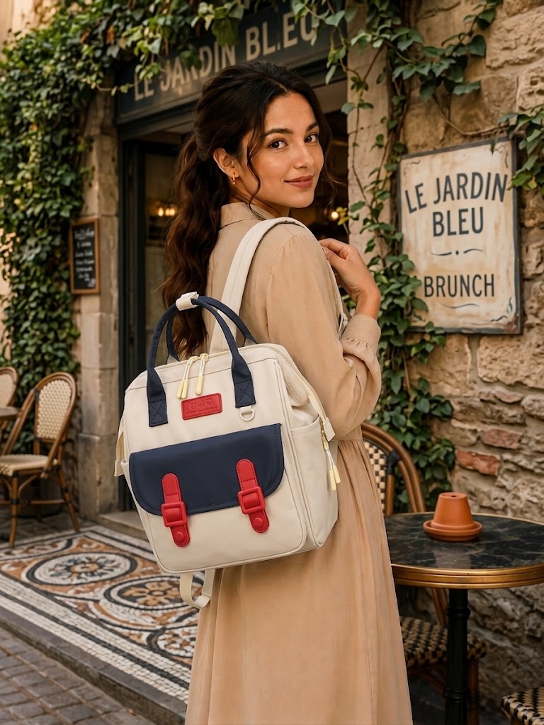 Sac à  dos à Langer Q Q C – Beige, Bleu Marine & Rouge